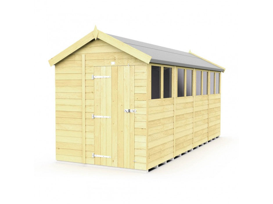 The ShedsDIY Apex Shed 6ft Wide boasts a sloped roof, multiple windows on one side, and a door secured with metal hinges and a latch. Its light natural wood contrasts beautifully with the dark roof material, offering both function and style for your garden storage needs.