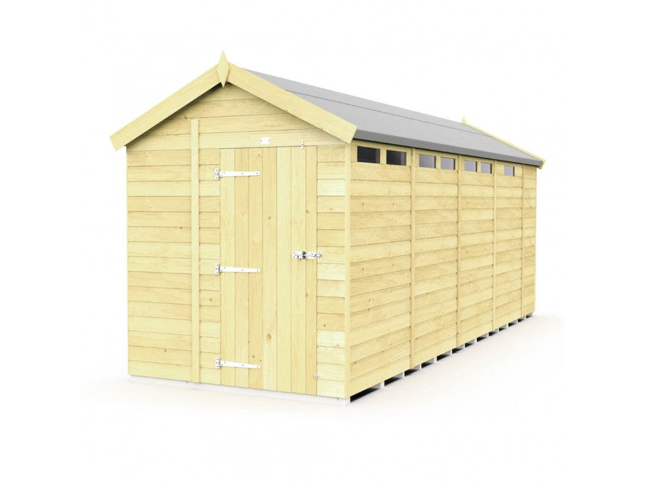 The Apex Shed 6ft Wide by ShedsDIY features a peaked roof, light natural finish, single door with metal hinges and latch, and small rectangular windows near the roofline. Its elegantly simple, elongated design makes it perfect for any backyard garden storage needs.