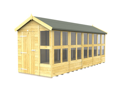 The Apex Potting Shed by ShedsDIY is a spacious, weather-resistant wooden garden shed featuring a green roof and multiple windows. This potting shed includes a door on one end and boasts a natural wood finish, ensuring durability in various conditions.