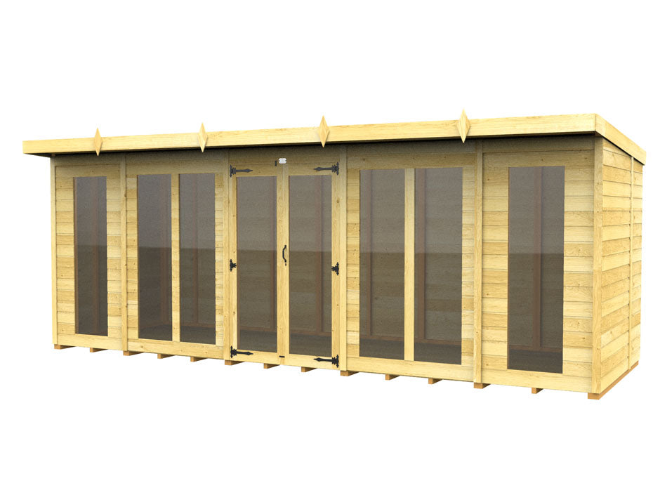 The Pent Summer House by ShedsDIY is a weather-resistant wooden garden building with multiple glass doors and windows, featuring a flat roof. Ideal for use as summer houses or storage, it has a light natural wood finish with sleek black door hinges.