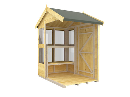 A digital rendering of the Apex Potting Shed by ShedsDIY showcases a small wooden greenhouse with a green pitched roof made from weather-resistant materials. Featuring three open sides and shelves for plants, this durable design echoes the functionality and charm of pressure-treated potting sheds.