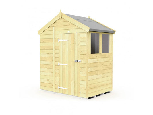 The ShedsDIY Apex Shed 6ft Wide features a classic pitched roof, single door with sturdy metal hinges, and a right-side rectangular window, making it an ideal light-colored garden storage solution for any outdoor space.