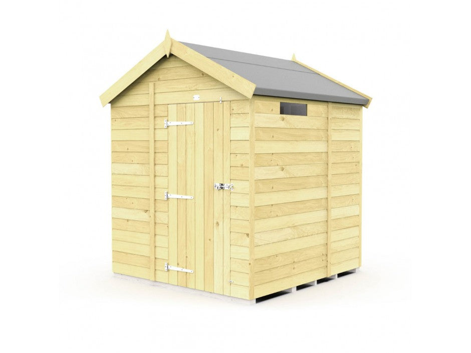 The ShedsDIY Apex Shed 6ft Wide offers ideal garden storage with its light timber finish and gray sloped roof. It features a single door with metal hinges and a lock, plus a small rectangular window near the roofline.