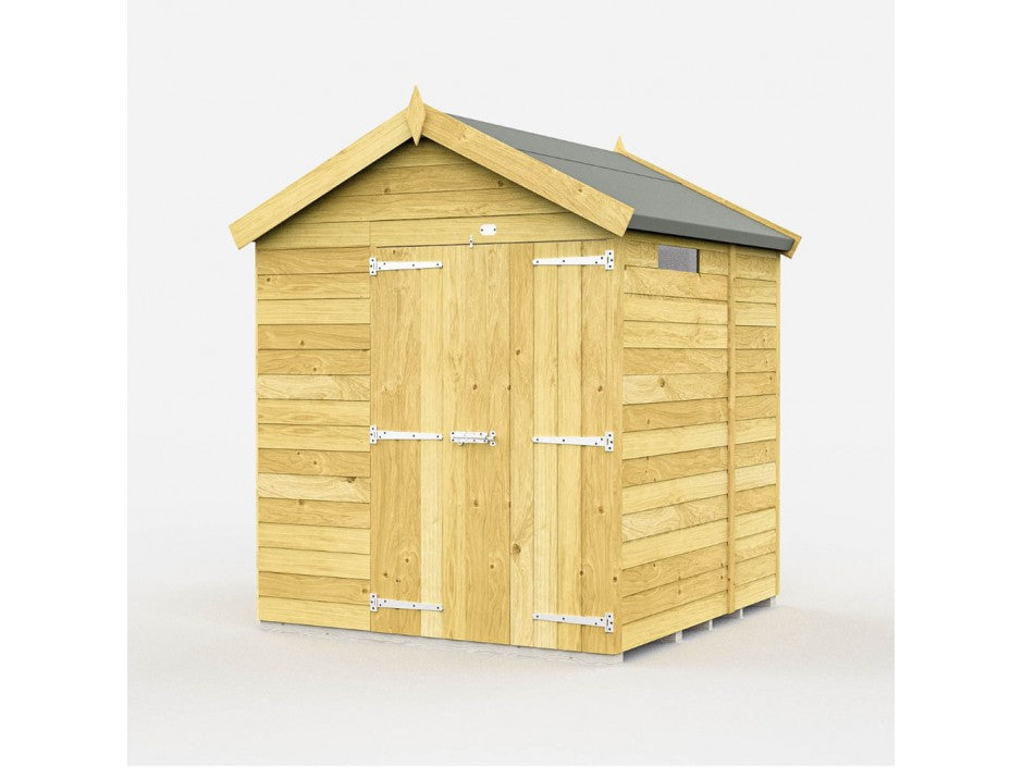 The Apex Shed 6ft Wide by ShedsDIY features a peaked roof and double doors with metal hinges. Its horizontal wood panels add rustic charm, enhanced by a tiny vent near the roofline. Set against a plain white background, this small wooden garden storage building highlights its sturdy design.