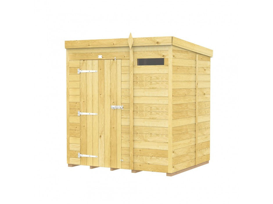 The Pent Shed 5ft Wide by ShedsDIY is an ideal garden storage solution with vertical plank walls and a flat roof. It has a left door with silver hinges and handle, a narrow horizontal window, and is crafted with tongue and groove cladding, all set against a white background.