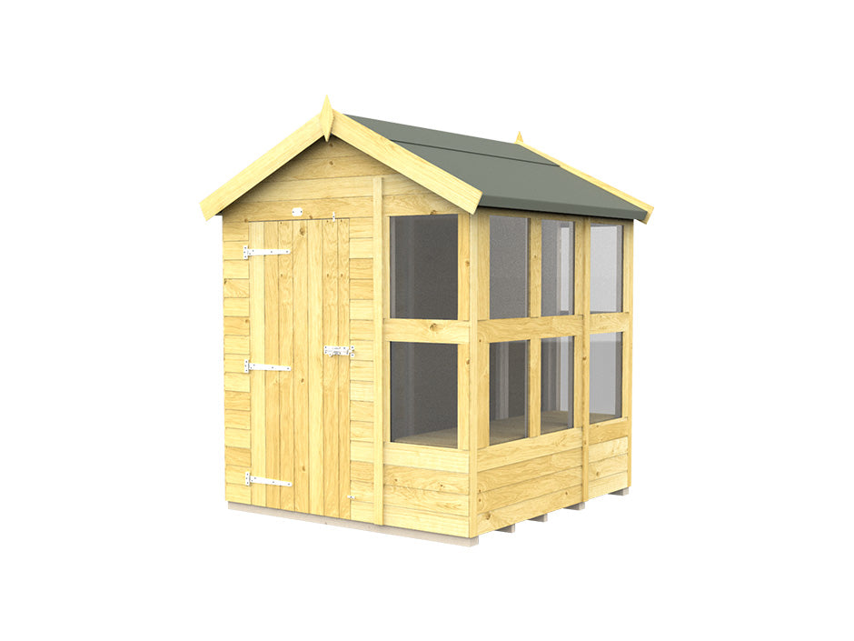 Introducing the Apex Potting Shed by ShedsDIY: This compact, weather-resistant wooden garden shed boasts a classic gabled roof with a green finish and features multiple windows on the side and front. Crafted from pressure-treated wood for durability, it includes a wooden door with sturdy metal hinges.