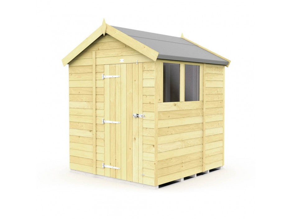 The ShedsDIY Apex Shed 6ft Wide is a compact wooden garden shed with a light wood finish and pitched roof. It includes a front door with metal hinges and lock, plus a side window, making it an ideal elegant storage option. Featured against a pristine white background.