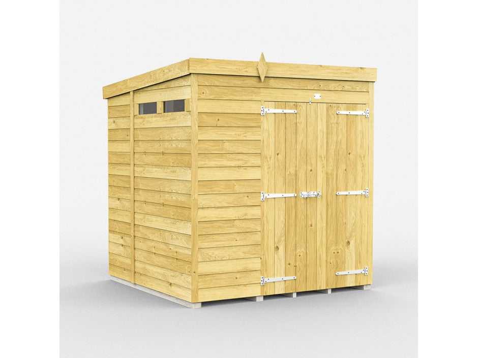 The ShedsDIY Pent Shed 7ft wide is a compact garden storage solution with wooden tongue and groove cladding, a slanted roof, and metal hinges on its single door. It features small horizontal window slots and boasts a natural wood finish in its simple design.