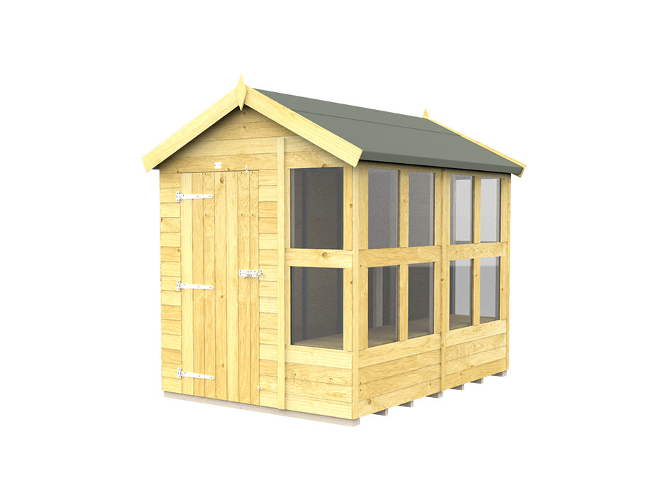 The Apex Potting Shed by ShedsDIY is designed with a weather-resistant wooden structure and a green roof. It features a solid door on the left side and four large windows on the right, allowing plenty of natural light to flood in. With its light wood finish and simple metal hinges, this shed combines durability with charm, making it an ideal addition to your garden workspace for potting activities.