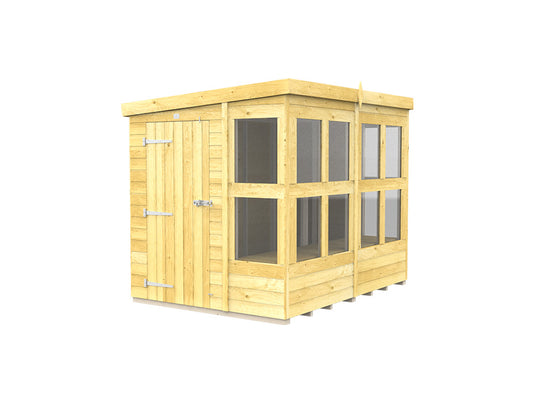 The Pent Potting Shed by ShedsDIY is weather-resistant with a sloped roof, multiple windows for natural light, a single door with sturdy hinges and latch, and a modern light brown wood finish, ideal for potting. The shed is displayed against a white background.