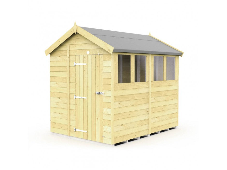 The ShedsDIY Apex Shed 6ft Wide features a peaked roof and light, natural finish. It has a single door with metal hinges and a lock for secure garden storage. Four rectangular windows adorn one side, complemented by a smooth, grey roof material.