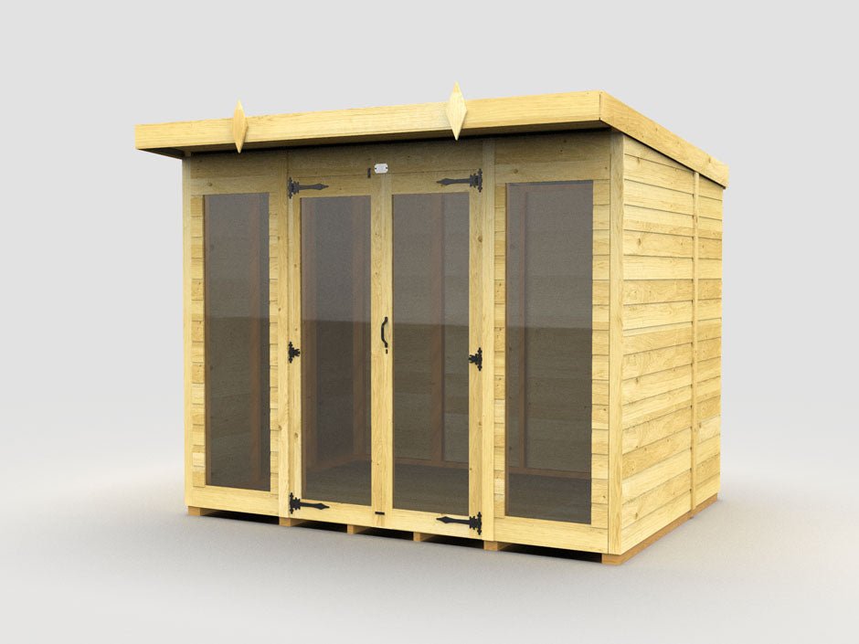 The ShedsDIY Pent Summer House is weather-resistant and features four large glass panels and a central door with black hinges under a sleek flat roof, making it perfect for garden storage or as a cozy summer retreat.