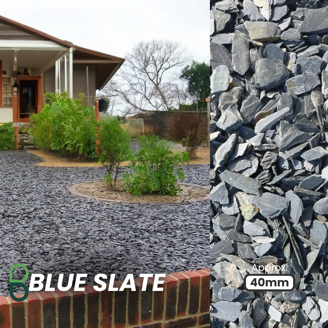 A landscaped garden showcases Brisks 40mm Blue Slate Chippings with small shrubs and elegant borders, alongside a close-up view. The overlaid text reads "BLUE SLATE" and "Approx 40mm.