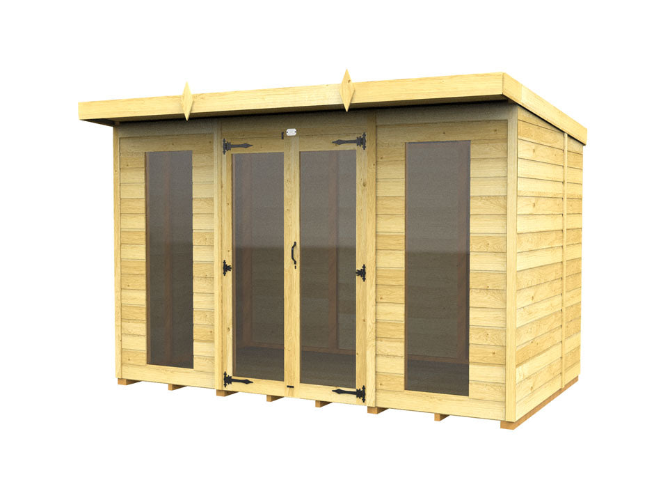 The Pent Summer House by ShedsDIY is a weather-resistant wooden structure with a flat roof, featuring two central large glass doors and tall side panels. It's perfect for summer houses, offering a natural wood finish and decorative triangular roof elements.