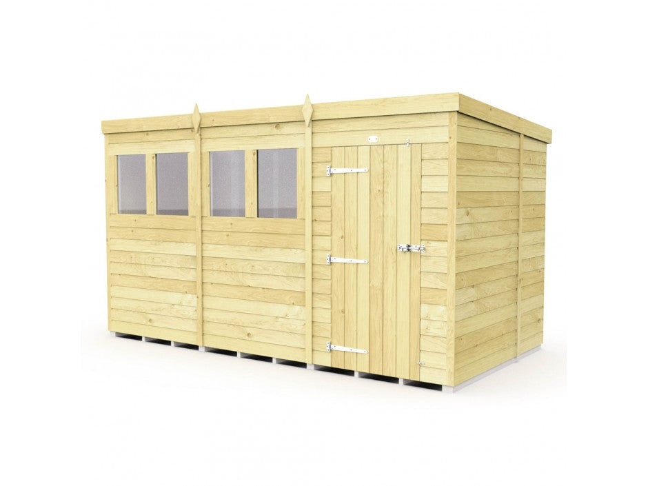 The ShedsDIY Pent Shed 7ft wide is a wooden garden storage building with three small windows and a door. It features tongue and groove cladding, a flat roof, light-colored wood panels, a metal latch and hinges on the door, and is slightly elevated from the ground.