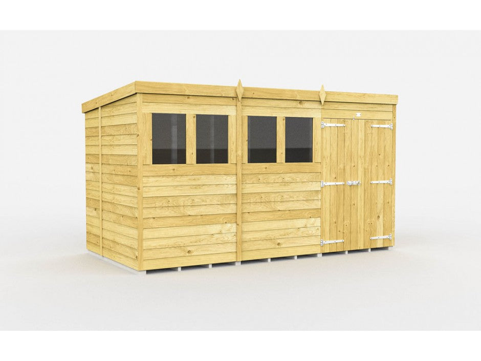 The ShedsDIY Pent Shed 7ft wide boasts a flat roof, three rectangular windows, and durable tongue and groove cladding. Its single right-side door features metal hinges and a latch, while the natural wood finish provides a rustic look.