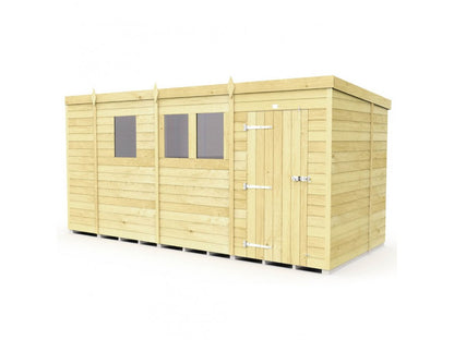 The Pent Shed 7ft wide by ShedsDIY is a spacious wooden garden storage building with a flat roof and tongue and groove cladding. It includes a door with metal hinges, two adjacent windows, and is slightly elevated from the ground, making it perfect for any backyard.