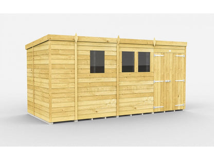 The ShedsDIY Pent Shed 7ft wide features tongue and groove cladding, horizontal planks, and metal hinges. Two windows and a door on one side adorn its flat roof design, all showcased on a white background.