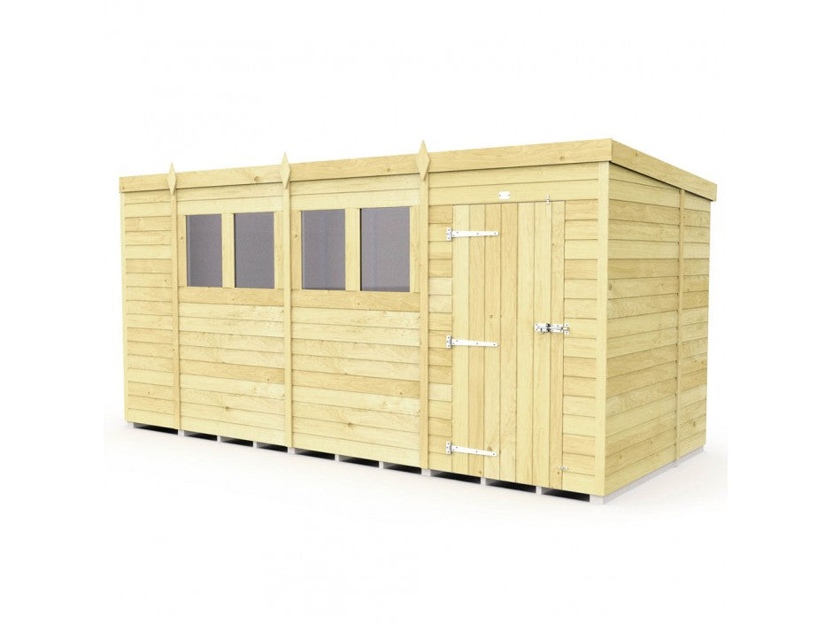 The ShedsDIY Pent Shed 7ft wide is perfect for garden storage, featuring a flat roof, light brown finish, tongue and groove cladding, three rectangular windows, and a secure right-hinged door. Its horizontal wooden panels add elegance to the design.