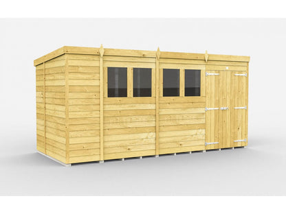 The ShedsDIY Pent Shed 7ft wide features a natural wood finish with tongue-and-groove cladding, a flat roof, three large windows, and a door equipped with metal hinges and a latch. Its design stands out against a simple white background.