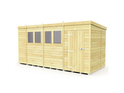 The 7ft wide Pent Shed by ShedsDIY features a flat roof, three rectangular windows, and a right-side door with metal hinges and a lock. This garden storage shed has tongue and groove cladding, finished in natural wood for style and functionality.