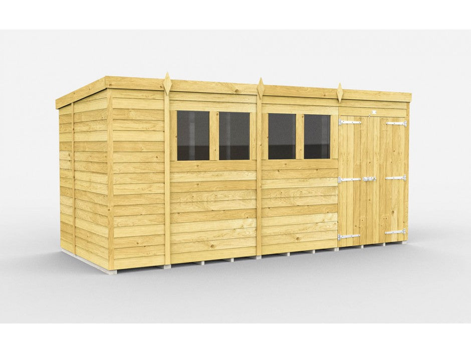 The ShedsDIY Pent Shed 7ft Wide features a flat roof, three front windows, and a door with metal hinges and fixtures. It boasts tongue and groove cladding constructed from horizontal wooden panels against a plain white background.