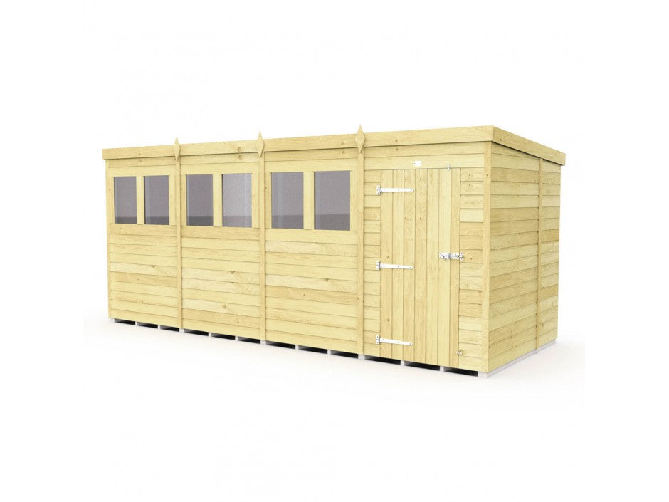 The ShedsDIY Pent Shed, 7ft wide, features a flat roof and horizontal tongue and groove cladding. It includes four windows and a door with two metal hinges and a latch, all shown on a plain white background.