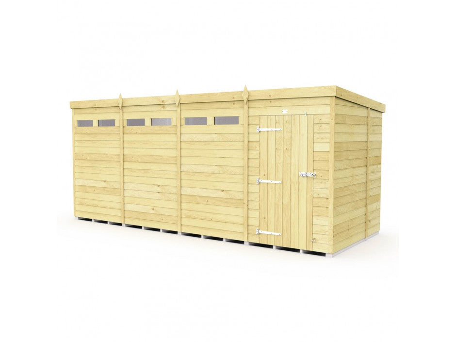 The Pent Shed 7ft wide by ShedsDIY is a modern wooden garden storage building with a flat roof and hinged door, featuring tongue and groove cladding. It has five narrow horizontal windows near the top and a light, natural wood finish for a perfect blend of style and function.