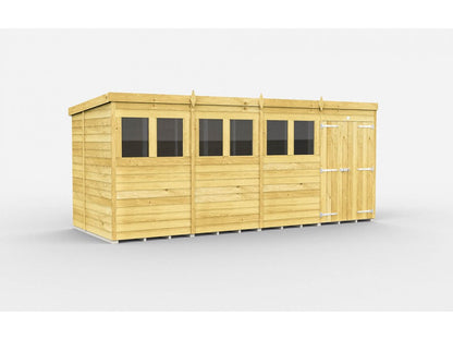 The Pent Shed 7ft wide by ShedsDIY is ideal for garden storage, featuring three windows and a right-hand door. It boasts vertical tongue and groove panels with silver hinges, adding an elegant touch to its rectangular design on a flat, white surface.