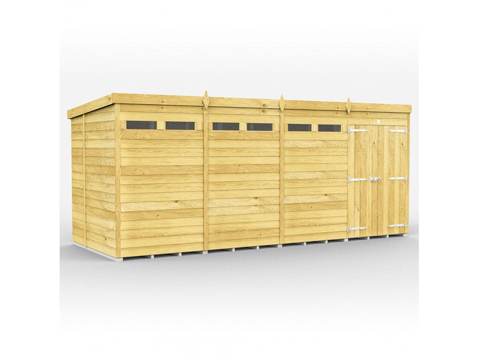 The ShedsDIY Pent Shed 7ft wide features a flat roof and rectangular design, with small top windows and a double-door entrance with metal hinges. It's made of light, unfinished wood using durable tongue and groove cladding.