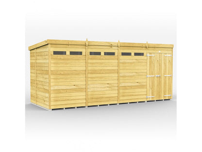 The ShedsDIY Pent Shed 7ft wide features a flat roof and rectangular design, with small top windows and a double-door entrance with metal hinges. It's made of light, unfinished wood using durable tongue and groove cladding.