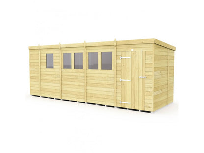 The ShedsDIY Pent Shed, 7ft wide, features tongue and groove cladding with a flat roof, four rectangular windows, and a closed door. Made of light-colored wood panels, it stands on a black base against a white background.