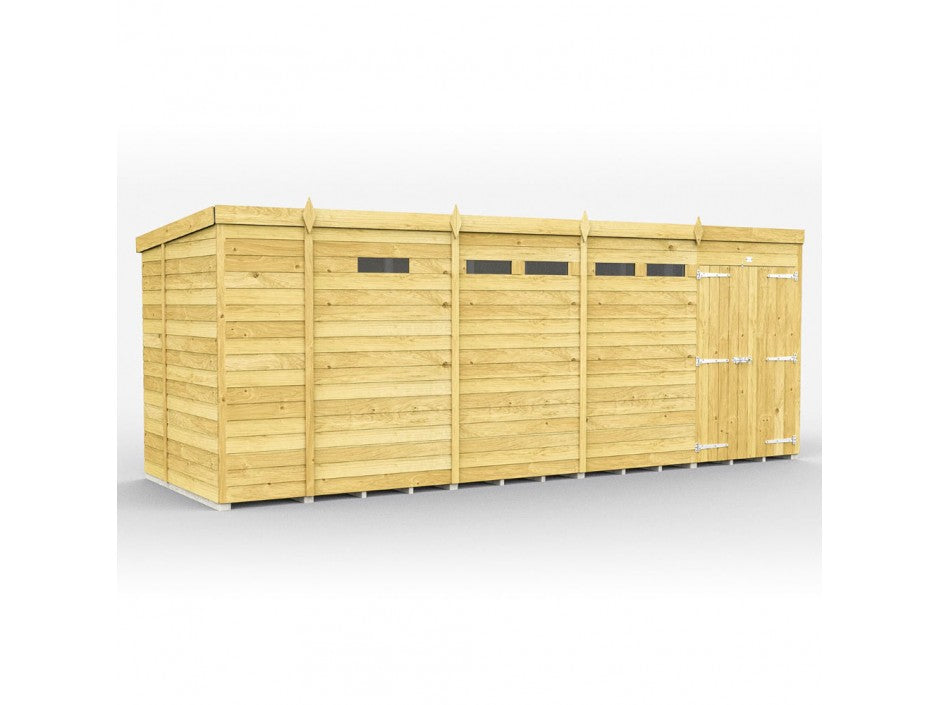 The ShedsDIY Pent Shed 7ft wide is a large, rectangular wooden shed featuring tongue and groove cladding with vertical slats and a flat roof. It includes three small horizontal windows near the top and a single door on the right side with metal hinges and a latch, making it ideal for garden storage.