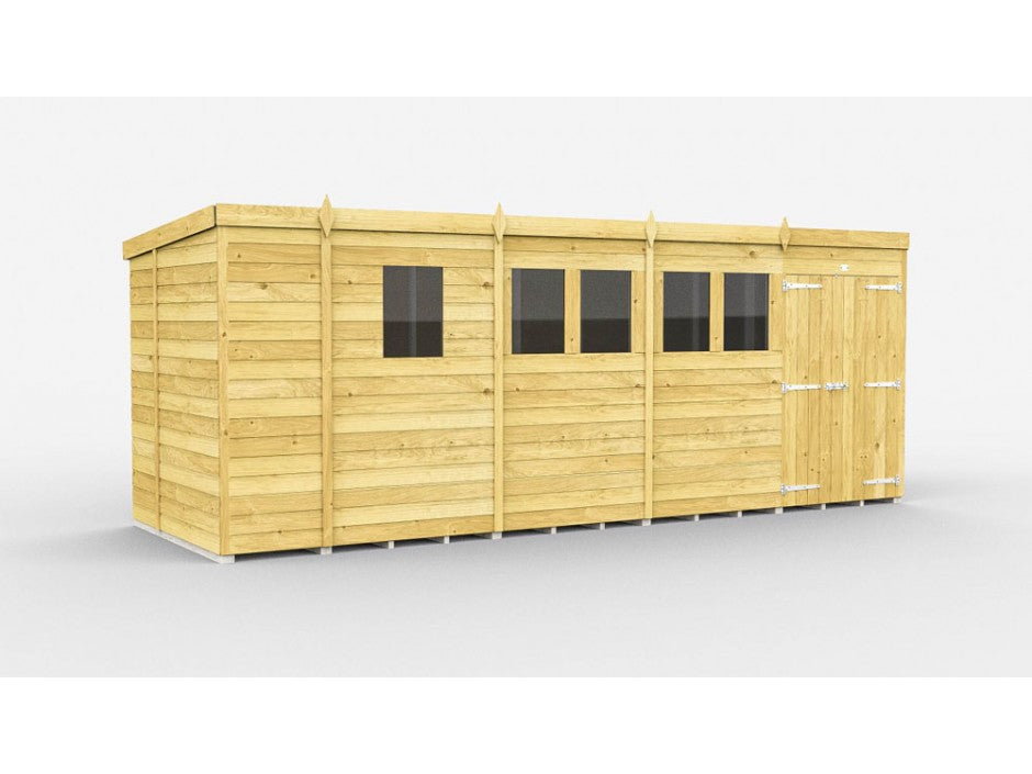 The ShedsDIY Pent Shed 7ft wide is a long, rectangular garden storage building with a slanted roof and tongue and groove cladding. It features four square windows and double doors on the right side, in light brown against a plain white background.