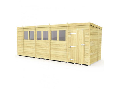 The ShedsDIY Pent Shed 7ft wide is a large wooden storage building with tongue and groove cladding, a flat roof, and windows along one side. It features a single door with metal hinges and latch, all in a light natural wood finish.