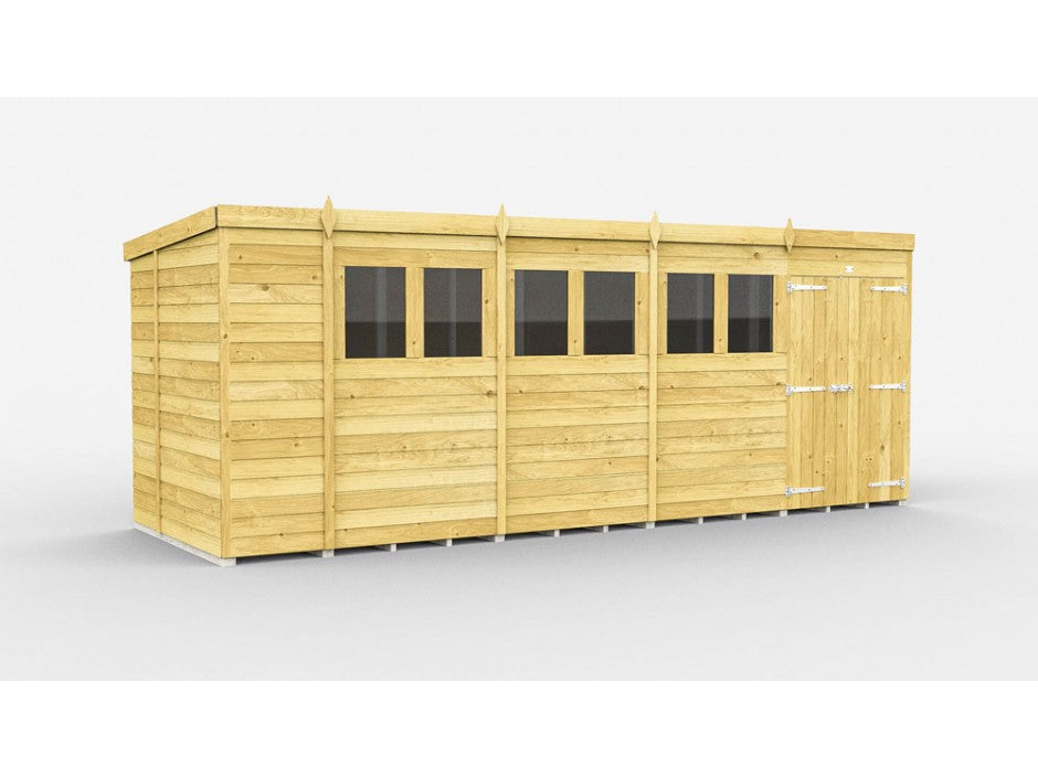 The ShedsDIY Pent Shed 7ft wide exemplifies wooden sheds with tongue and groove cladding. Its slanted roof, multiple windows, and right-side door with metal hinges ensure durability. This sophisticated garden storage building is showcased against a plain white background.