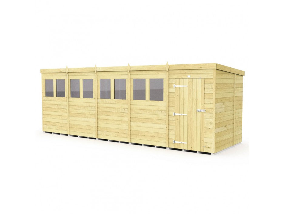 The ShedsDIY Pent Shed 7ft wide is a spacious, lightweight wooden shed with tongue and groove cladding. It features multiple windows, a single door with metal hinges, a flat roof, and a modern design, ideal for garden storage or as a workshop.