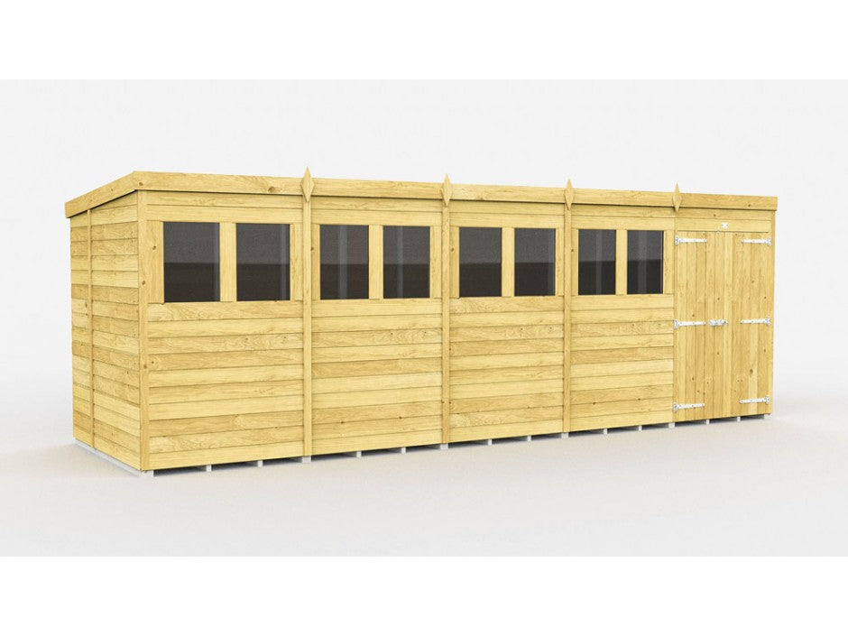 The ShedsDIY Pent Shed, 7ft wide, is a long wooden shed featuring multiple windows, a door on one end with metal hinges, and a light natural wood finish. Its tongue and groove cladding ensure both durability and style for your garden storage needs.