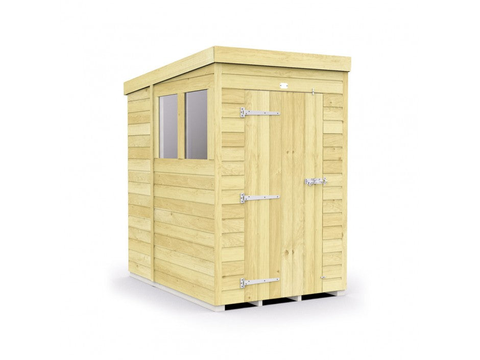 The ShedsDIY Pent Shed 7ft wide boasts tongue and groove cladding, a slanted pent roof, a single metal-hinged door, and two side windows. Displayed on a white background, this elegant wooden garden shed is perfect for stylish storage.