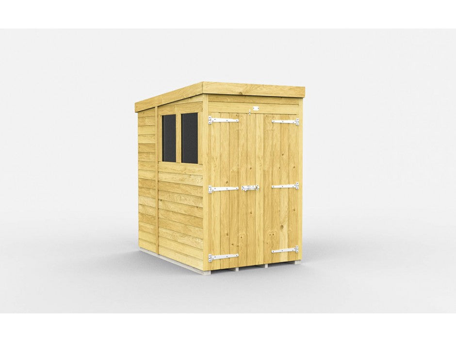 The Pent Shed 7ft wide by ShedsDIY is a small wooden garden storage building with a slanted roof and tongue-and-groove cladding. It features two closed doors with metal hinges and a rectangular window on the side, set against a plain white background.