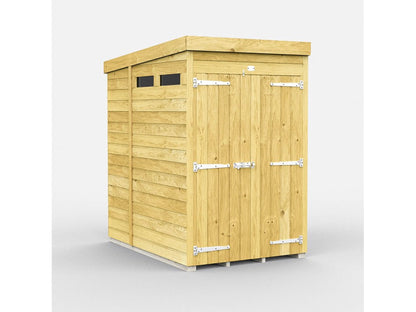 The ShedsDIY Pent Shed 7ft wide features tongue-and-groove cladding, a slanted roof, two small windows near the top, double doors with metal hinges, and a natural wood finish against a white background.