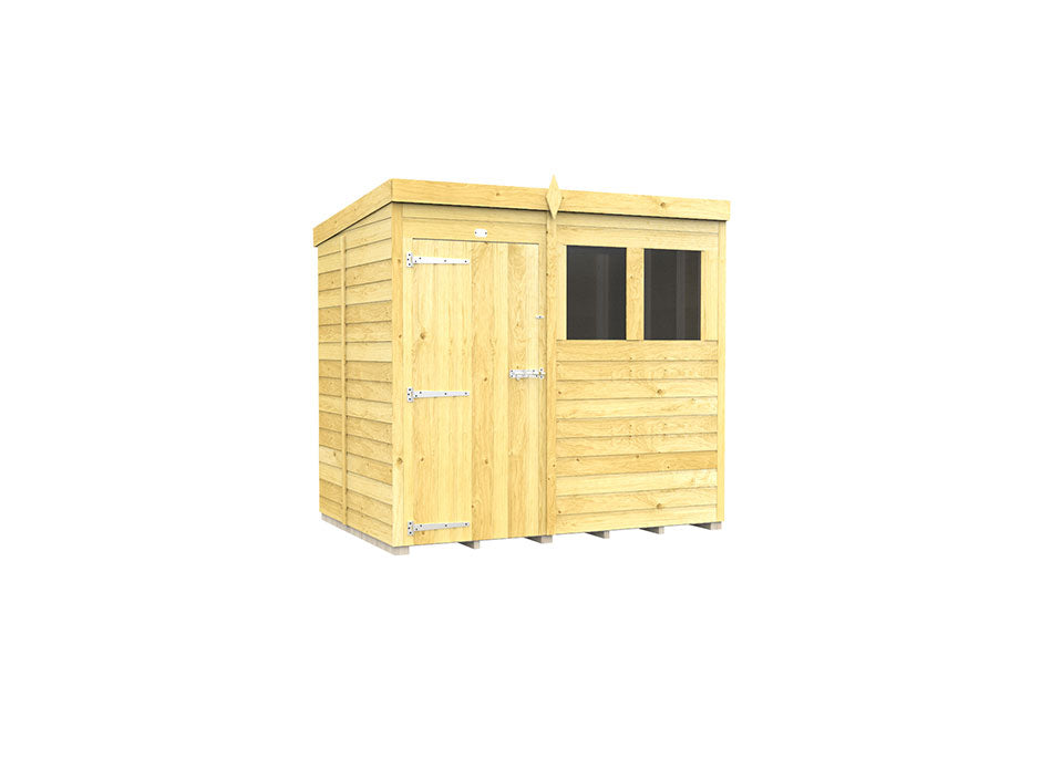 The ShedsDIY Pent Shed 5ft Wide is a small wooden garden storage unit with a flat roof, showcasing durable tongue and groove cladding. It features a left-side door with metal hinges and two right-side square windows, complemented by a natural finish against a white background.