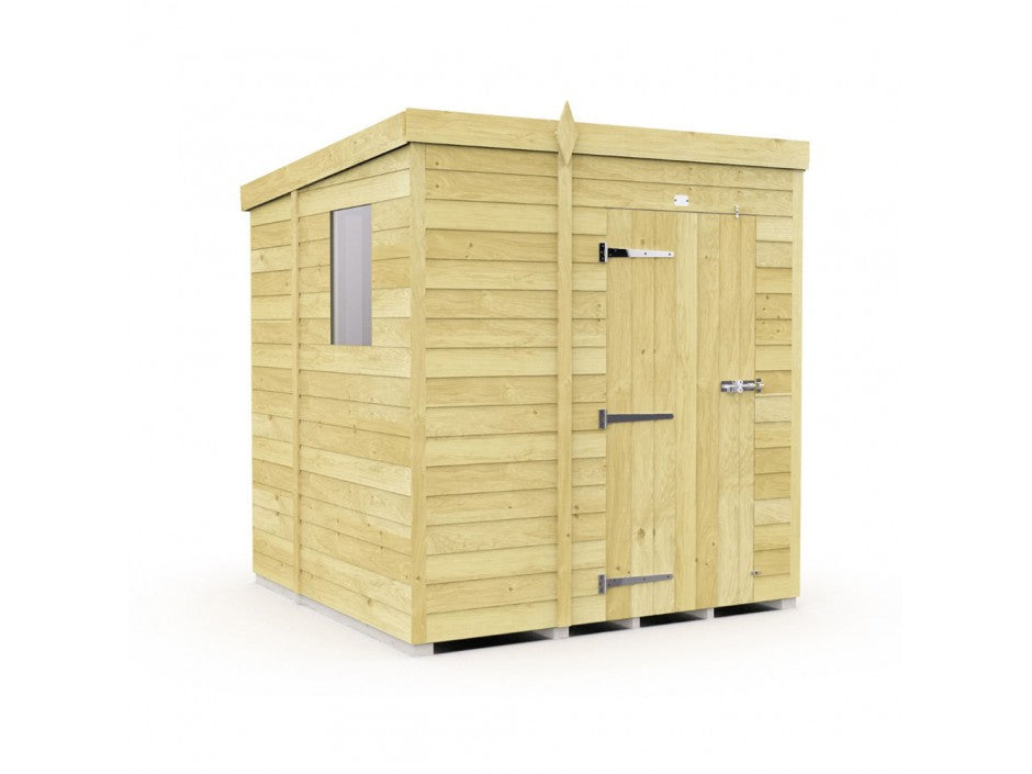 The Pent Shed 7ft wide by ShedsDIY is a wooden garden shed featuring tongue and groove cladding, a flat roof, and a side window. Secured with metal hinges and a lock, its light wood finish on a white background showcases an ideal garden storage solution.