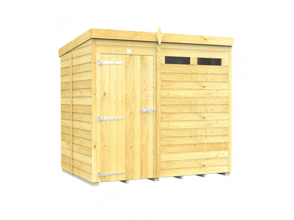 The Pent Shed 5ft Wide by ShedsDIY is a garden storage building with tongue and groove cladding and a flat pent roof. It features a single door with metal hinges on the left, horizontal slats on the right, two small rectangular windows, and maintains a light, natural wood finish.