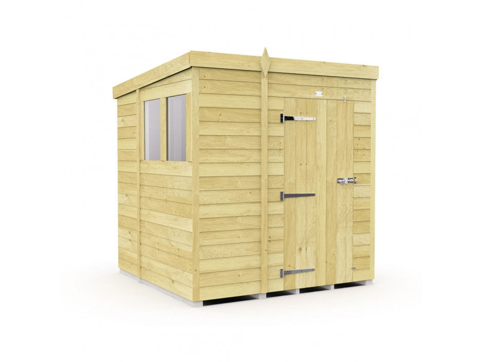 The Pent Shed 7ft wide by ShedsDIY is a compact, square wooden garden storage shed with a flat roof. It features tongue and groove cladding for durability, a single door with metal handle and hinges on the front, and a side window. Crafted from light, natural-colored wood panels.