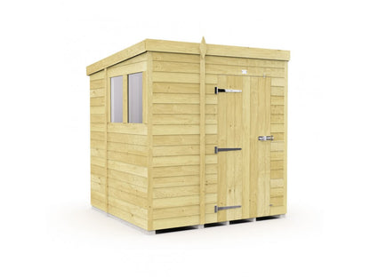 The Pent Shed 7ft wide by ShedsDIY is a compact, square wooden garden storage shed with a flat roof. It features tongue and groove cladding for durability, a single door with metal handle and hinges on the front, and a side window. Crafted from light, natural-colored wood panels.