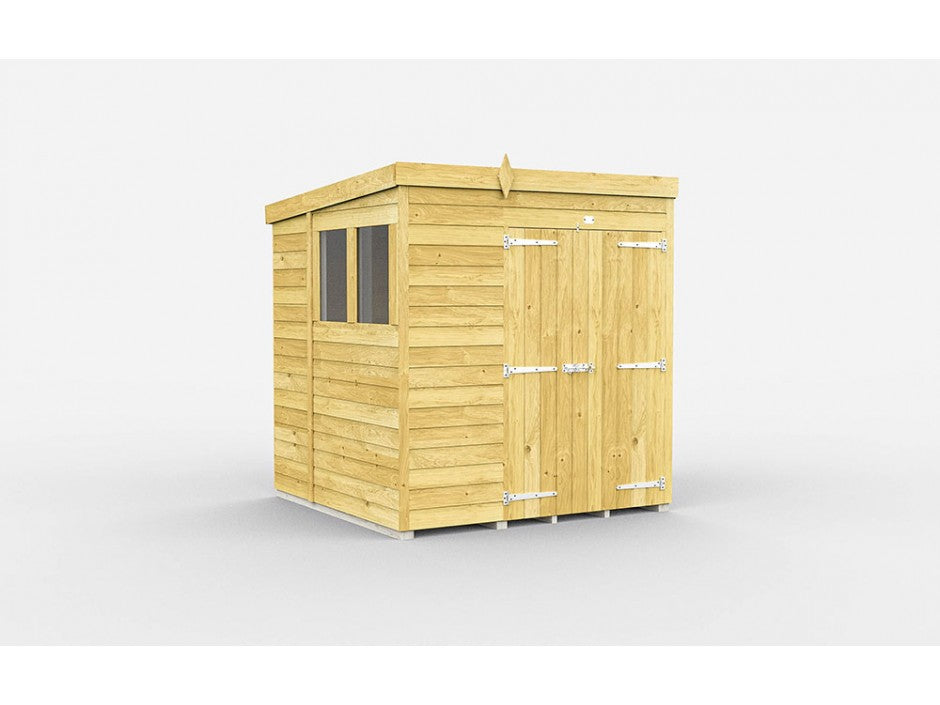 The ShedsDIY Pent Shed, 7ft wide and light brown, features tongue and groove cladding, a slanted roof, double doors with metallic hinges on the right, a window on the left panel, all set against a flat white background.