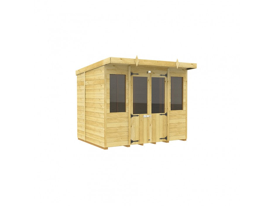The ShedsDIY Pent Summer House is a stylish wooden garden shed, featuring large windows, a flat roof, and two doors with transparent panels. It boasts a light wood finish and a small overhang above the entrance, making it ideal for garden storage and weather resistant.