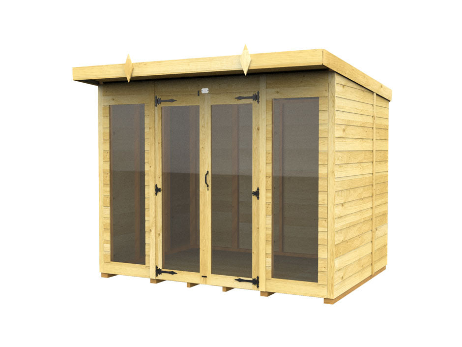 Discover the Pent Summer House by ShedsDIY, a weather-resistant garden shed with a modern design. It features three large glass doors, black hinges, and a flat roof. The structure boasts a light natural wood finish and horizontal panel style, ideal for garden storage.