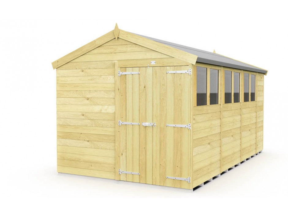 The ShedsDIY Apex Shed 8ft wide is a wooden garden shed with a gabled roof, front door with metal hinges, and side windows. Made from light-colored wood using tongue and groove construction, it offers stylish storage against a plain white background.